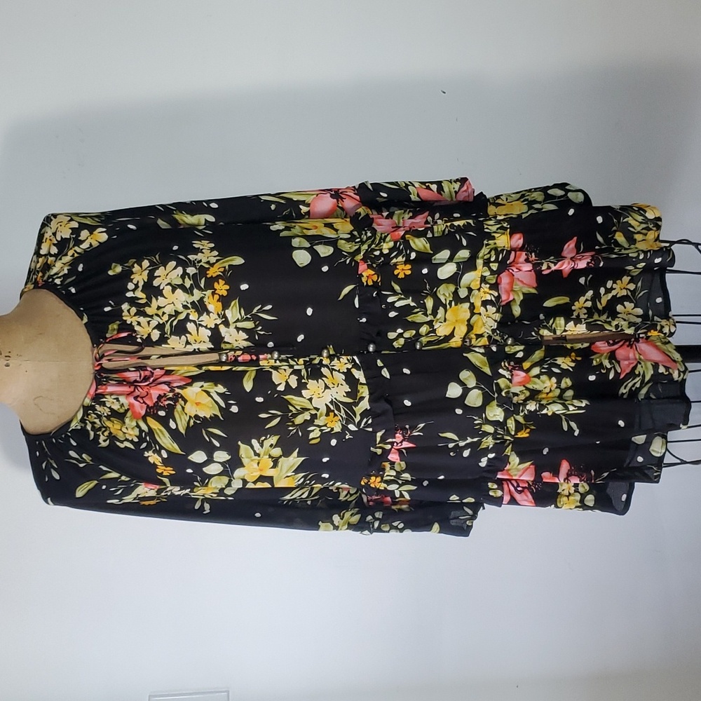 Rachel Zoe Size L Tunic Black Chiffon Floral Swing Cover-up Long Sleeve Spring - Picture 2 of 16